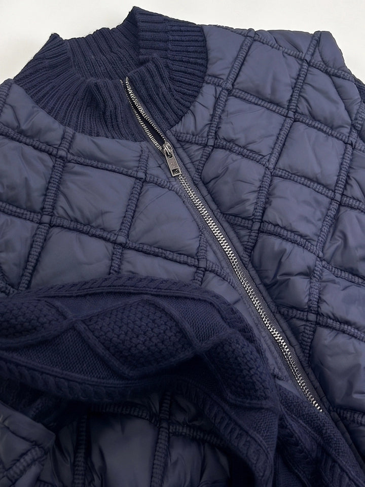 Navy Quilted &amp; Cable Knit Zip-Up Jacket