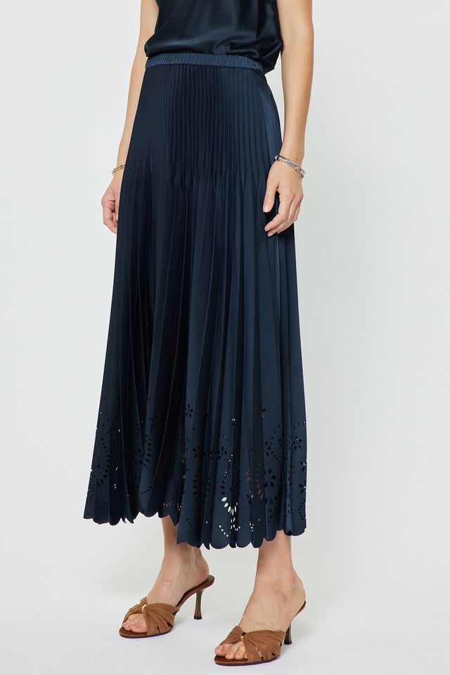 Pleated Laser Cut Maxi Skirt - Navy