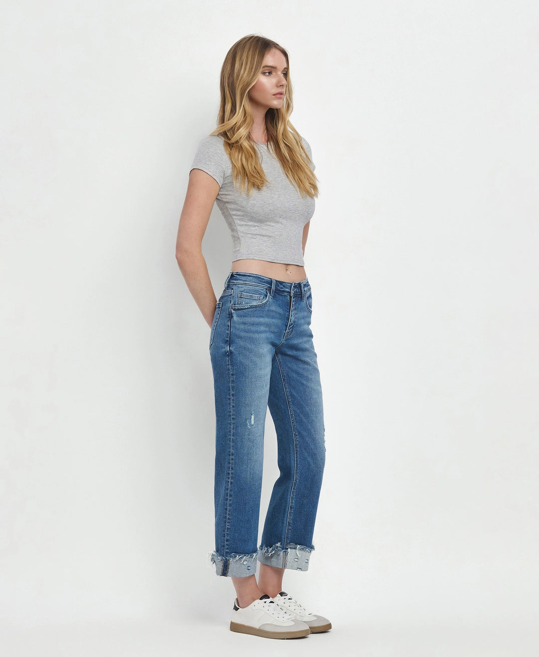 MR Raw Cuffed Hem Slim Wide Jeans