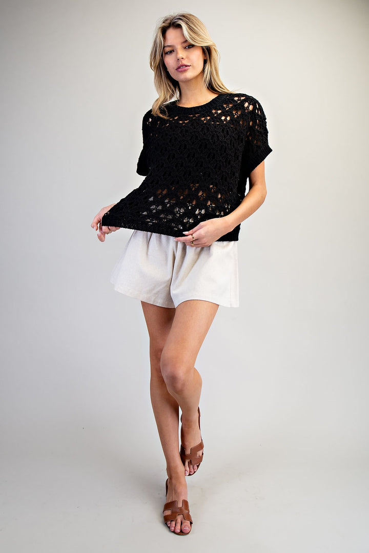 Crochet Open Knit Short Sleeve Sweater