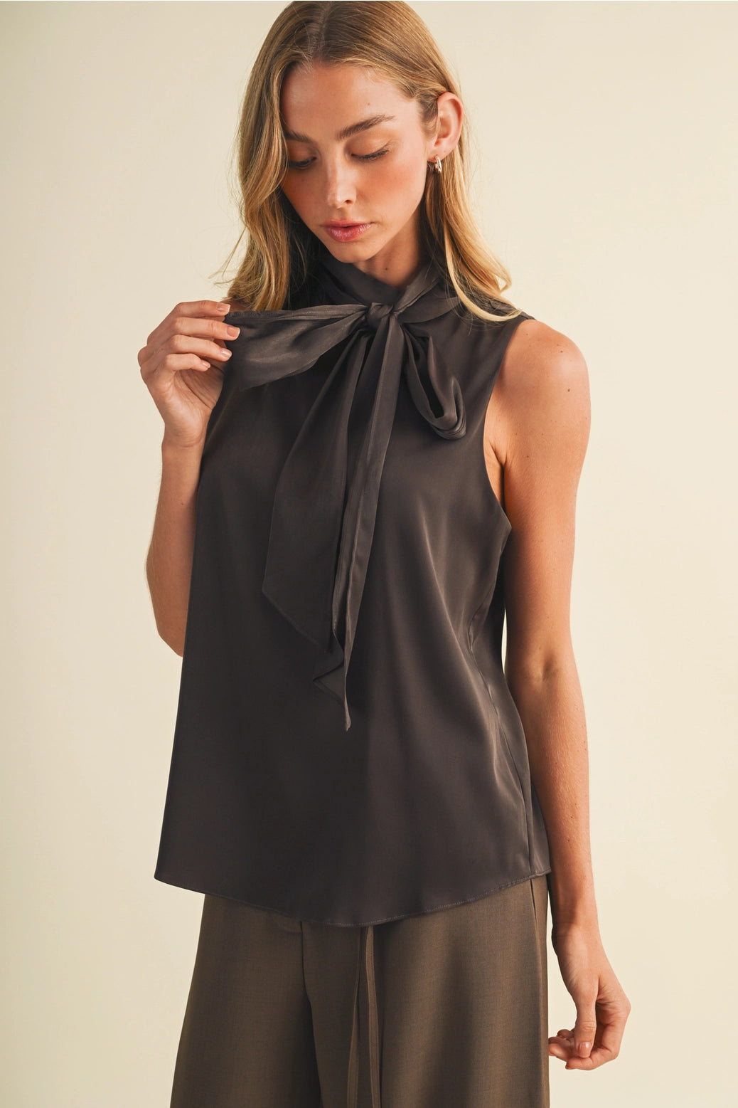 Satin Bow-Tie Mock-Neck Blouse