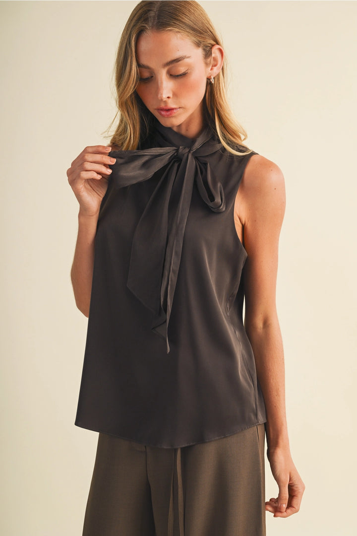 Satin Bow-Tie Mock-Neck Blouse