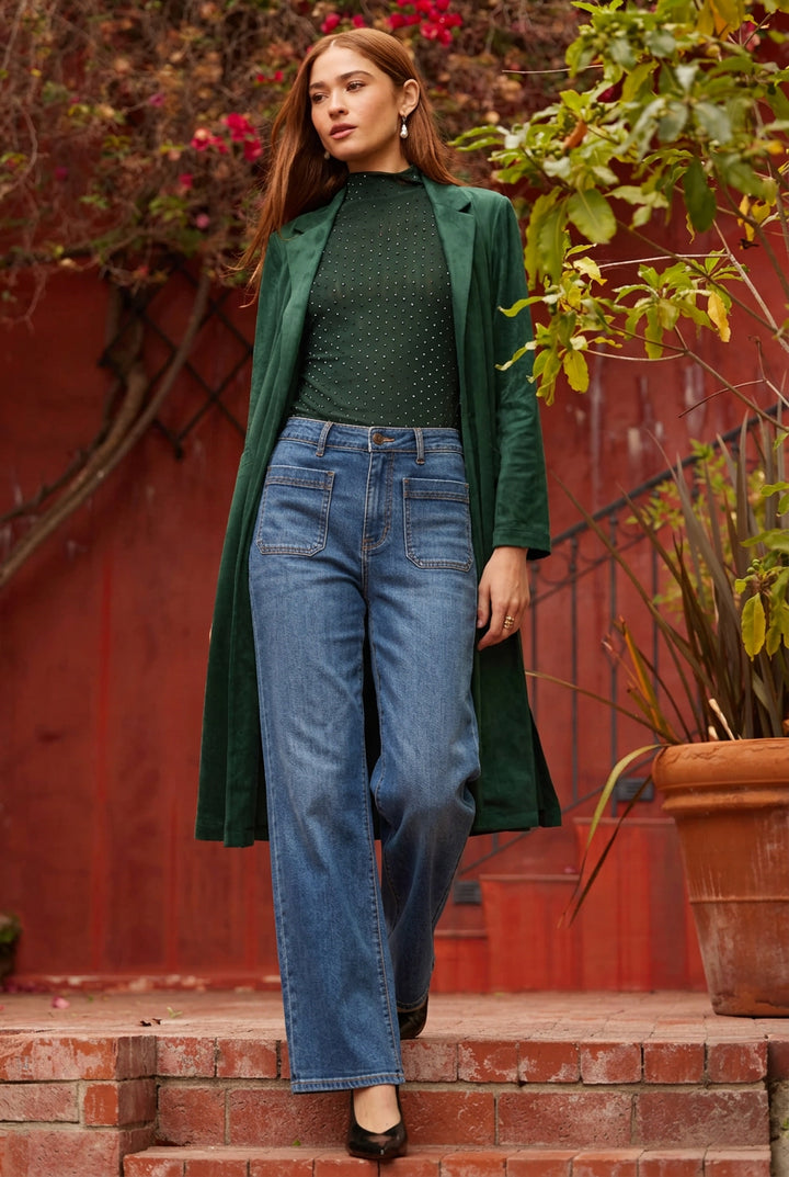Faux Suede Duster Coat - Hunter Green