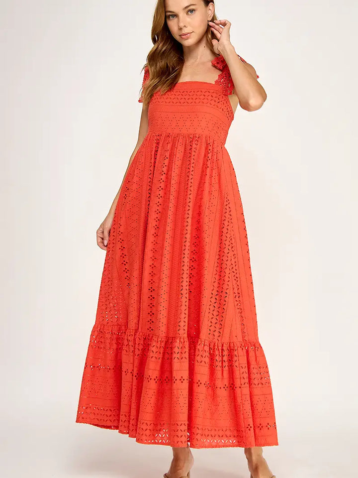 Tangerine Eyelet Midi Dress