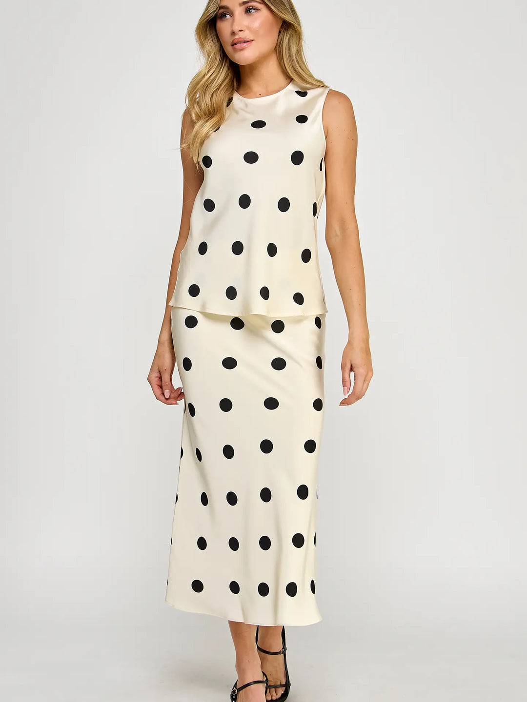 Polka Dot Satin Midi Skirt