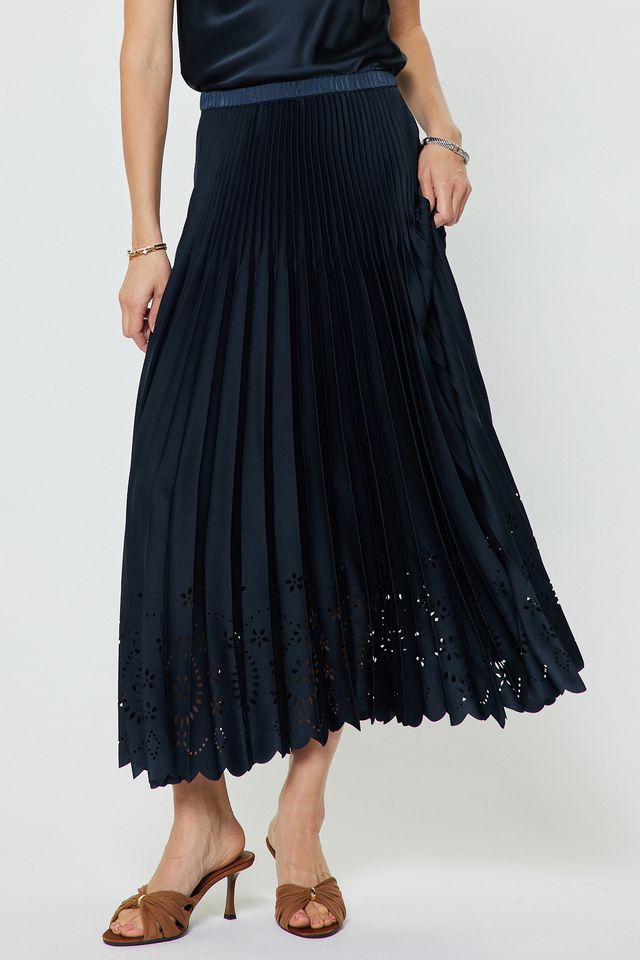 Pleated Laser Cut Maxi Skirt - Navy