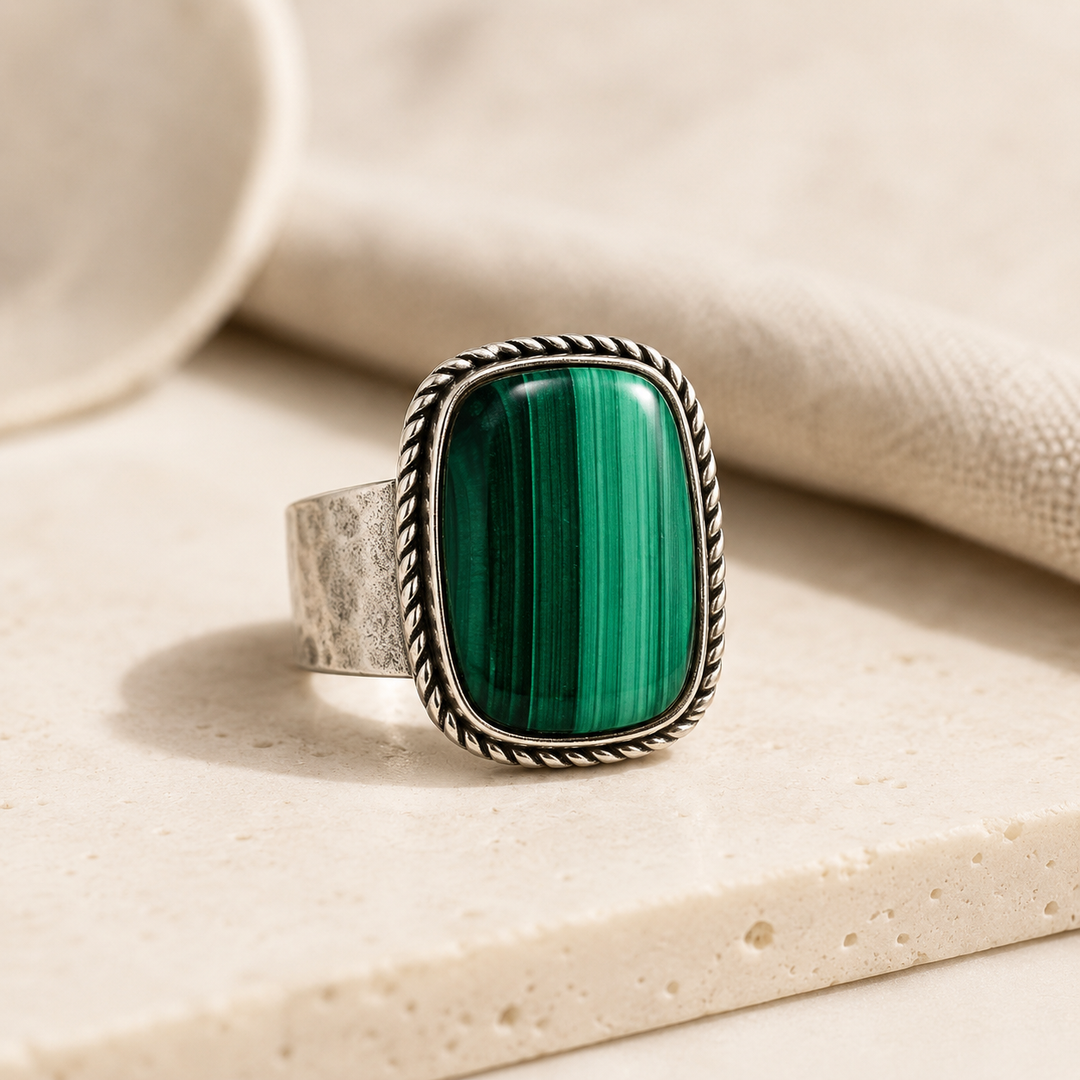 Handcrafted Kashi Semiprecious Stone Ring - Malachite
