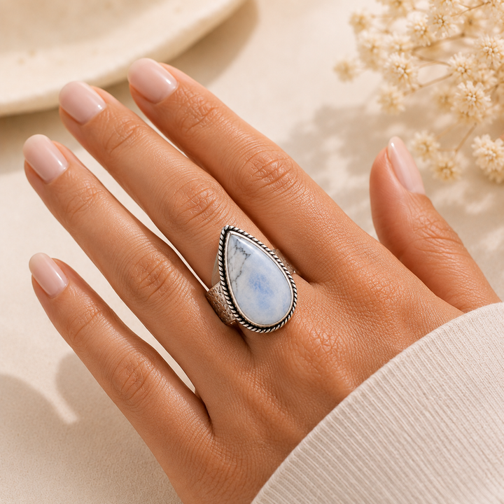 Handcrafted Kashi Semiprecious Stone Ring - Blue Opal