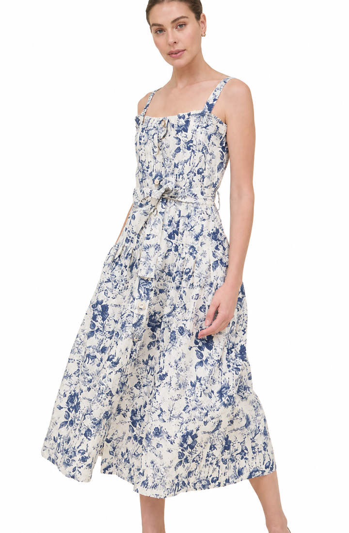 Navy Toile Floral Midi Dress