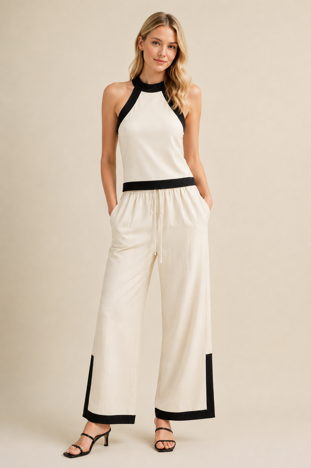 Black Lined Linen Halter