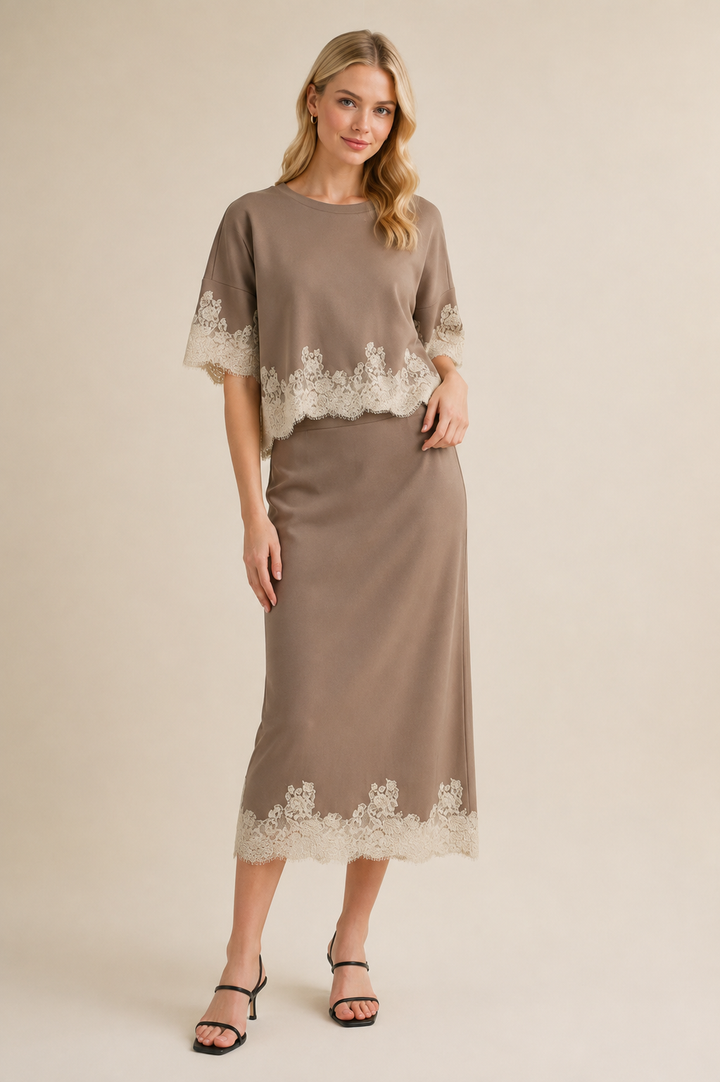 Taupe Jersey Lace Lined Skirt