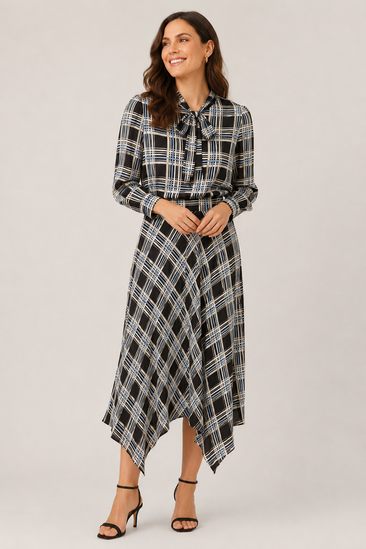 Plaid Tie Neck Blouse
