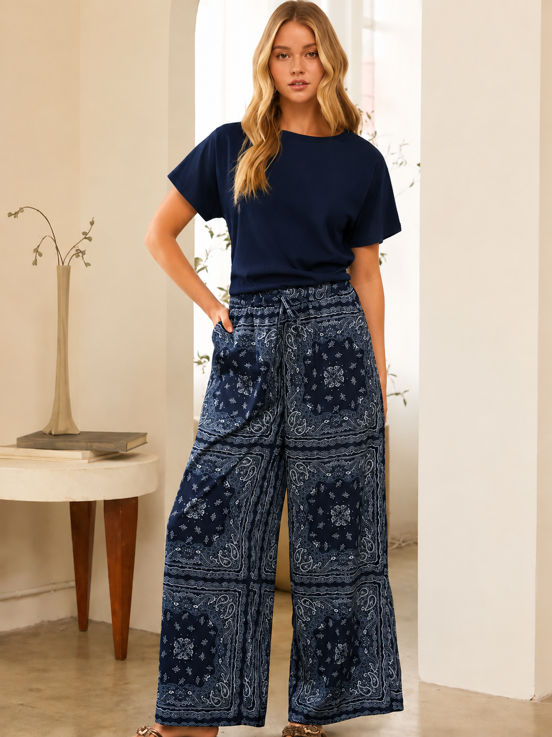 Bandana Print Elastic Waist Wide-Leg Pants