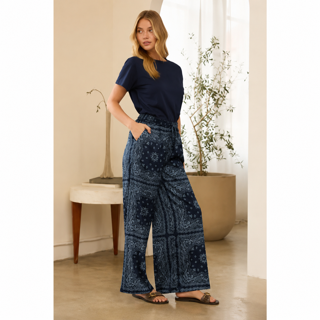 Bandana Print Elastic Waist Wide-Leg Pants