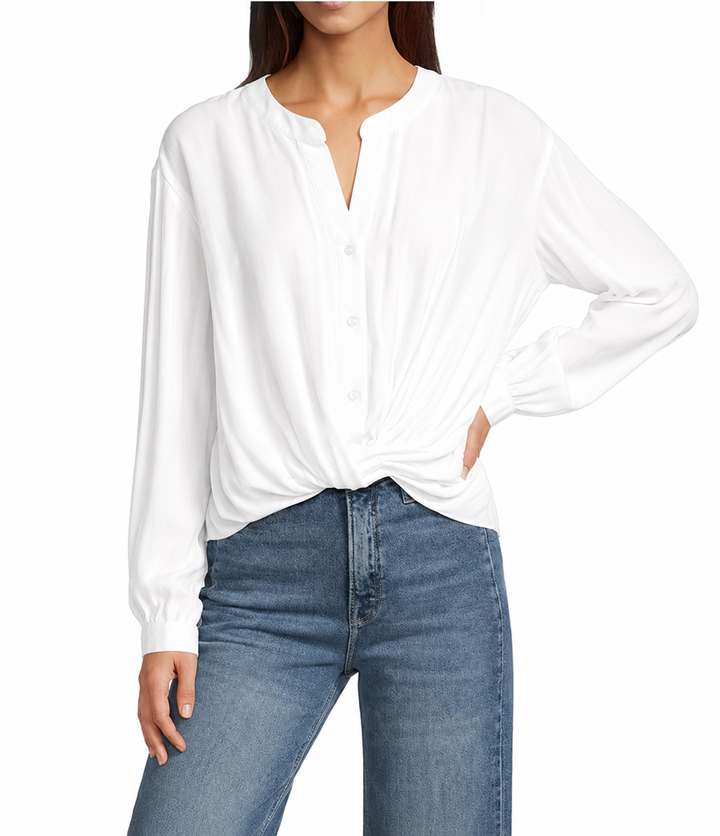 Woven Stripe Twist Button Top