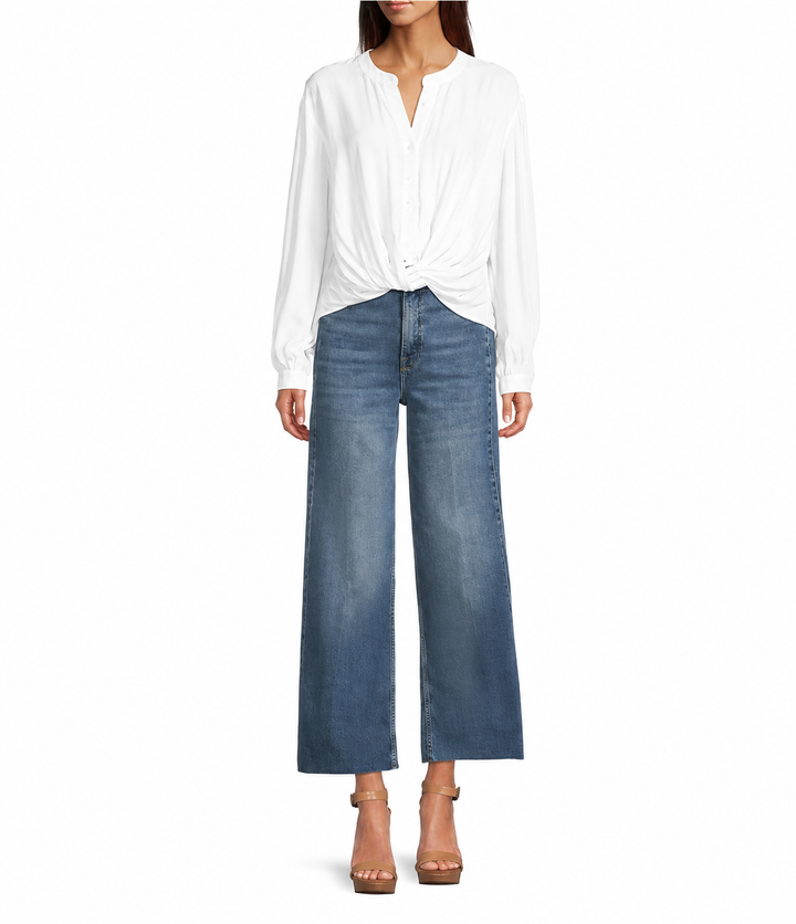 Woven Stripe Twist Button Top