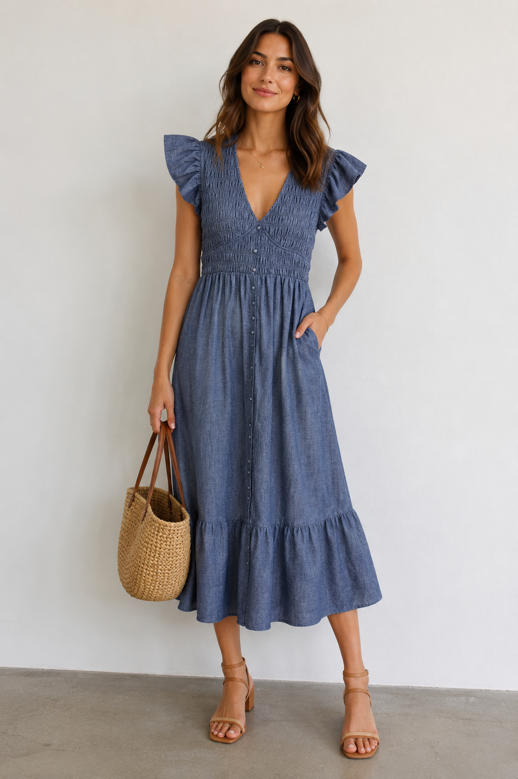 Denim Blue Ruched Waist Midi Dress