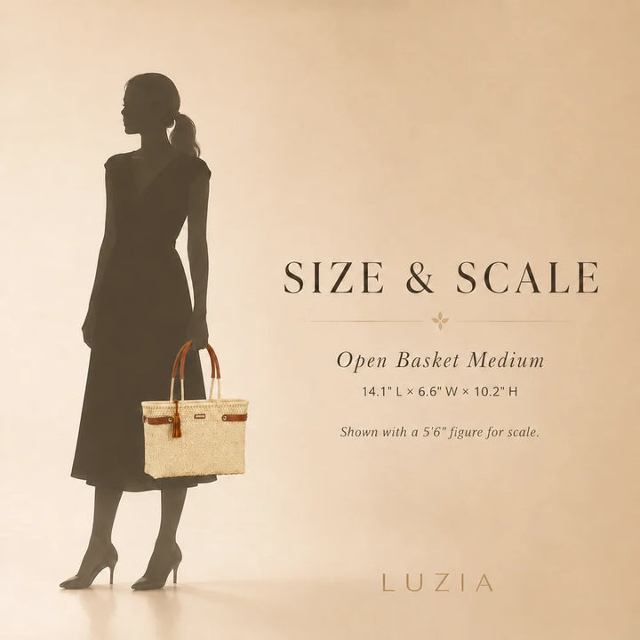 LUZIA Open Basket Medium Braided Solid Black (Leather Cognac)