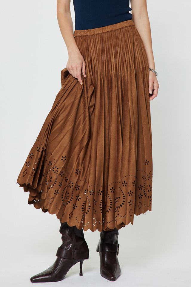Pleated Laser Cut Maxi Skirt - Chestnut