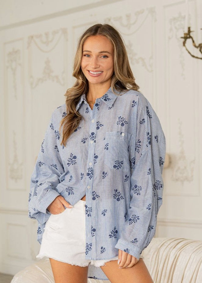 Pin Stripe Floral Button Down