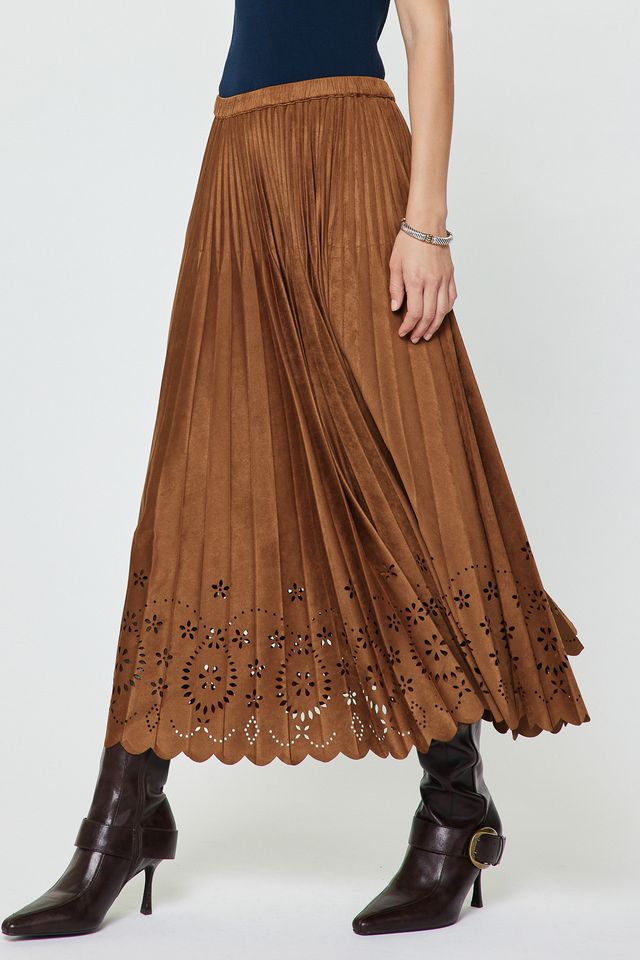 Pleated Laser Cut Maxi Skirt - Chestnut