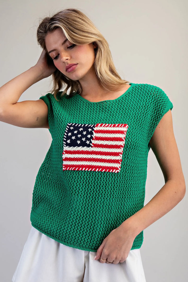 Stars &amp; Stripes Knit Cap Sleeve Top