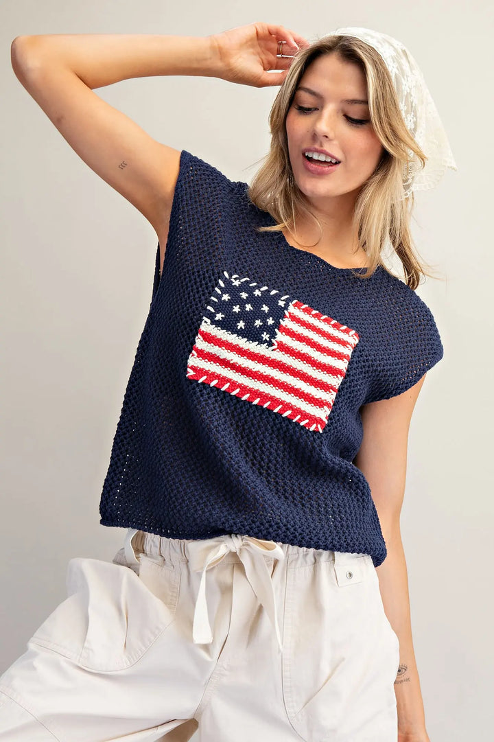 Stars &amp; Stripes Knit Cap Sleeve Top