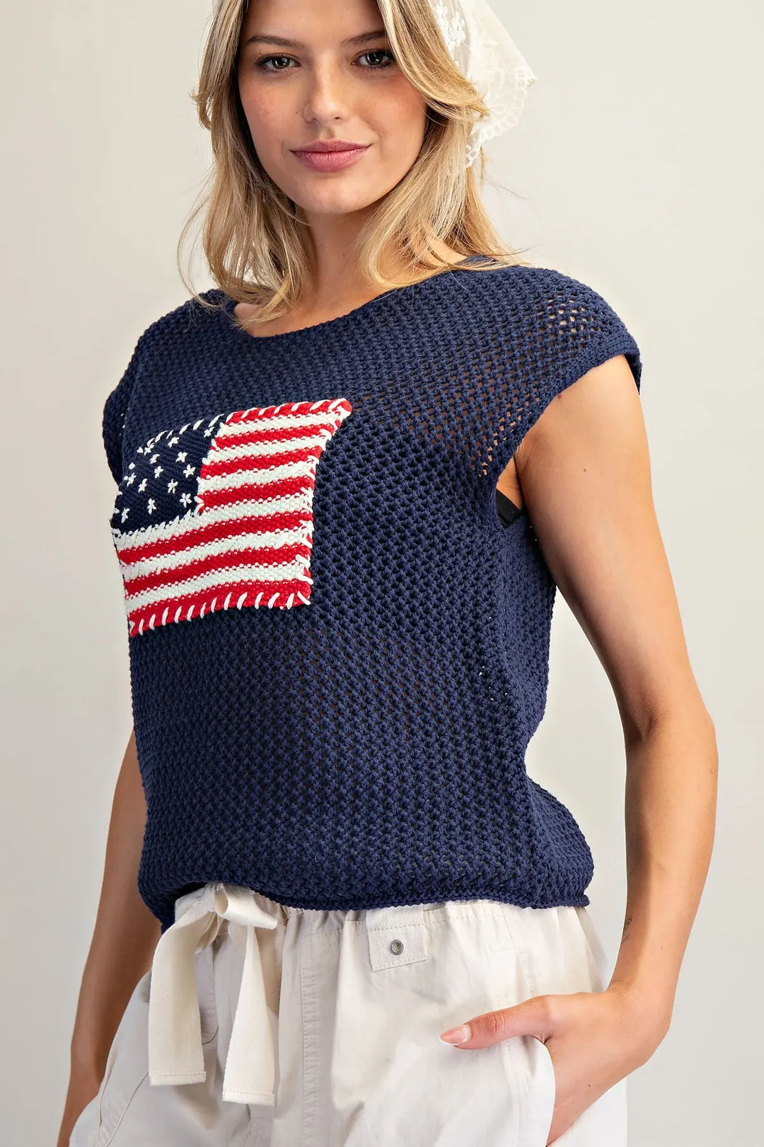Stars &amp; Stripes Knit Cap Sleeve Top