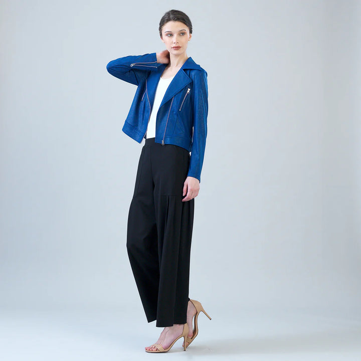 Clara Sunwoo | Liquid Leather™ Zip Cuff Moto Waist Jacket in Cobalt