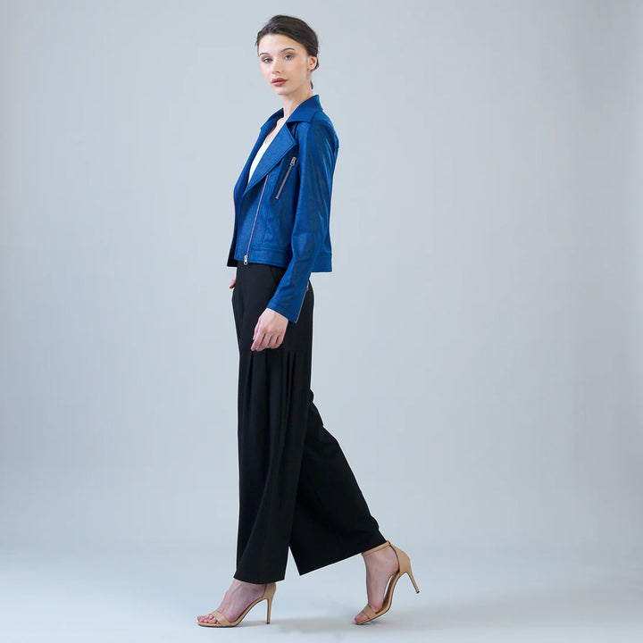 Clara Sunwoo | Liquid Leather™ Zip Cuff Moto Waist Jacket in Cobalt