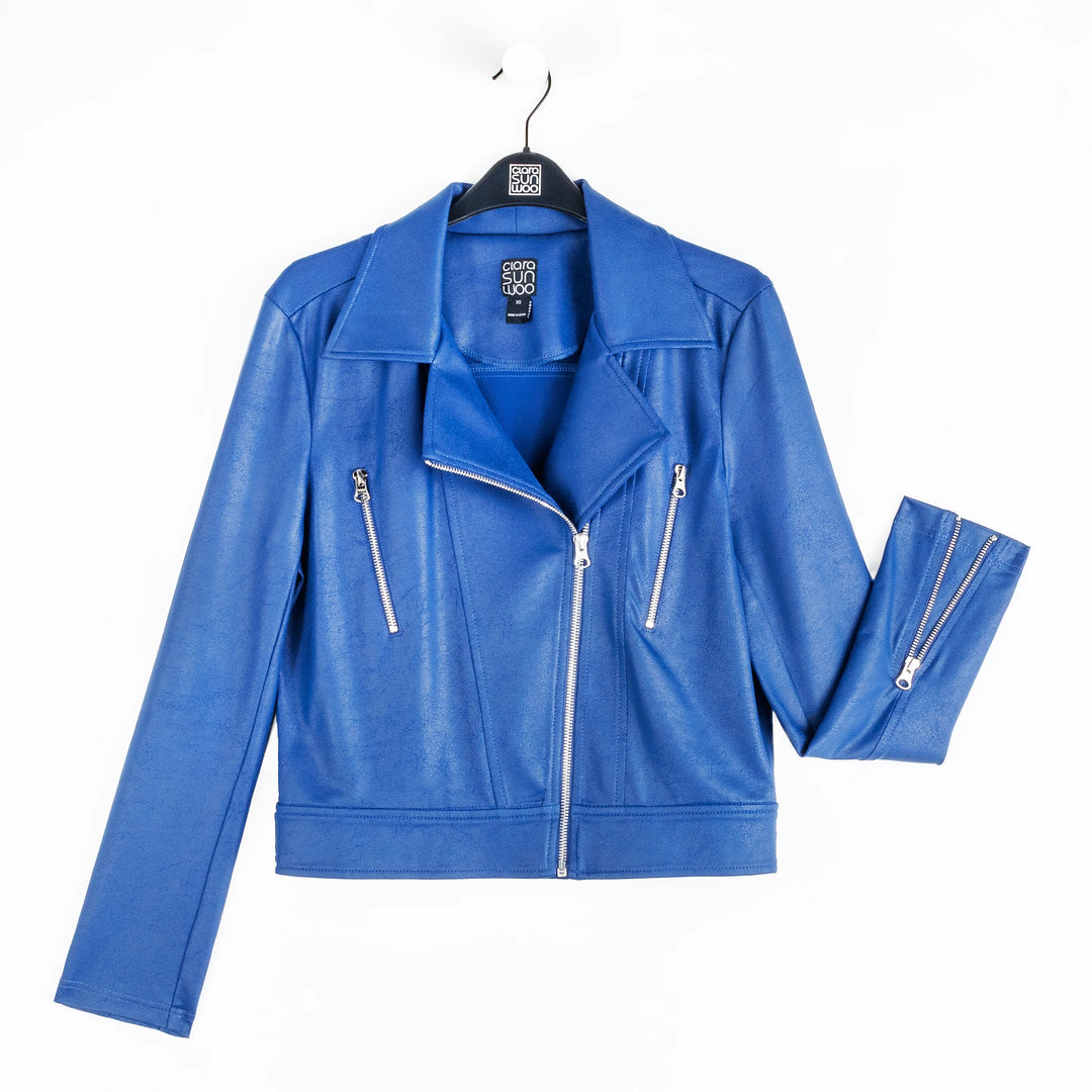 Clara Sunwoo | Liquid Leather™ Zip Cuff Moto Waist Jacket in Cobalt