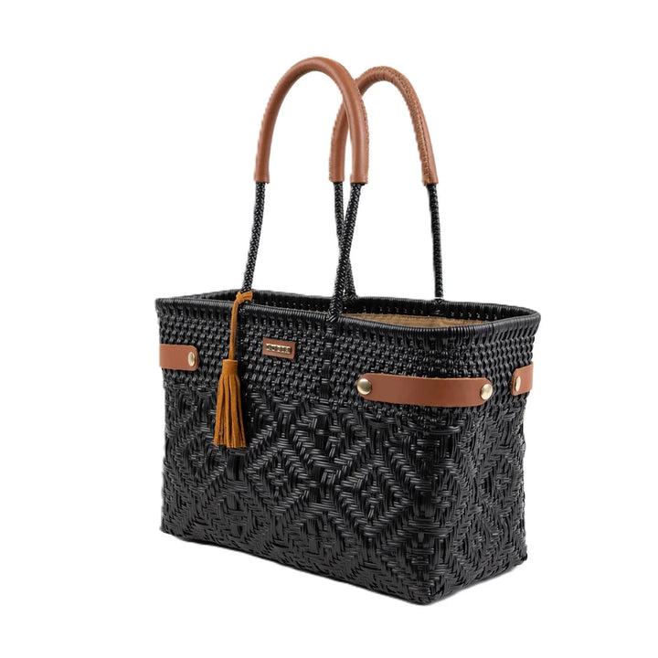 LUZIA Open Basket Medium Braided Solid Black (Leather Cognac)