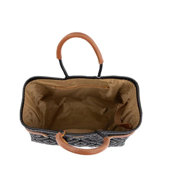 LUZIA Open Basket Medium Braided Solid Black (Leather Cognac)