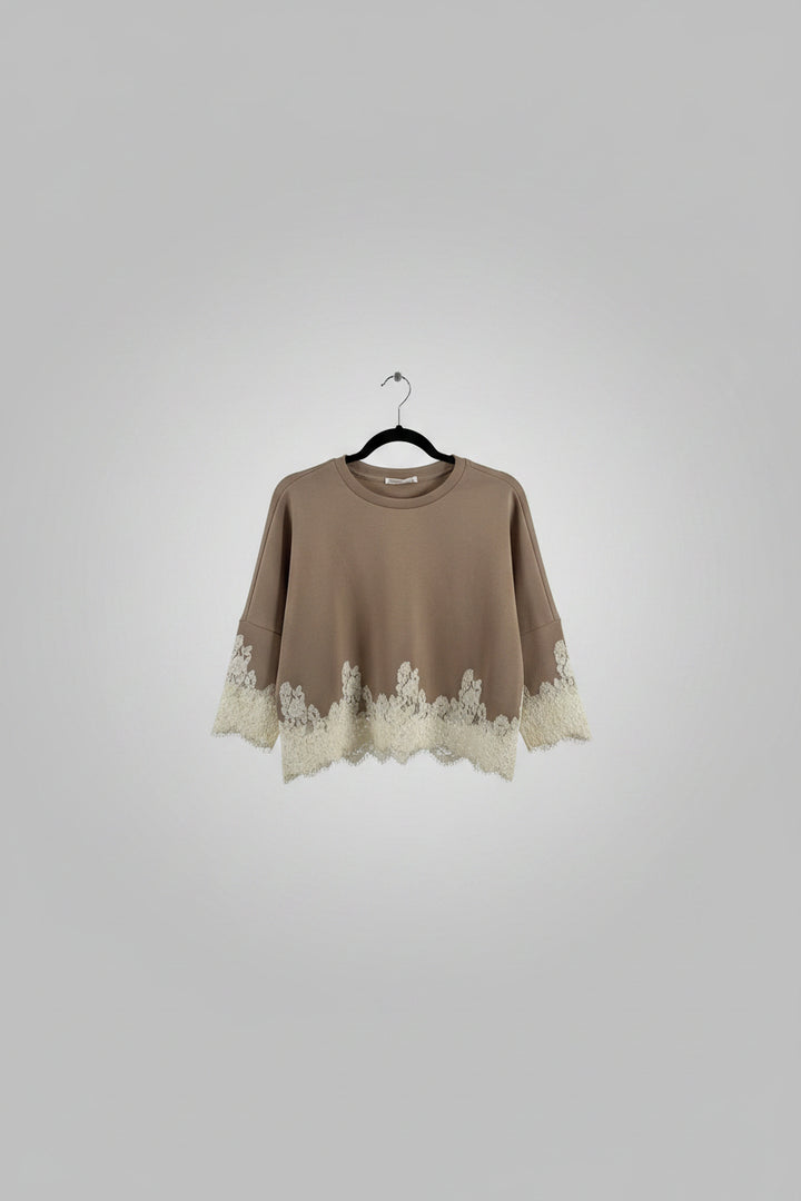 A cropped long-sleeve knit top in taupe brown with a beige floral lace hem and matching lace cuffs, hanging on a black hanger in a retail store.