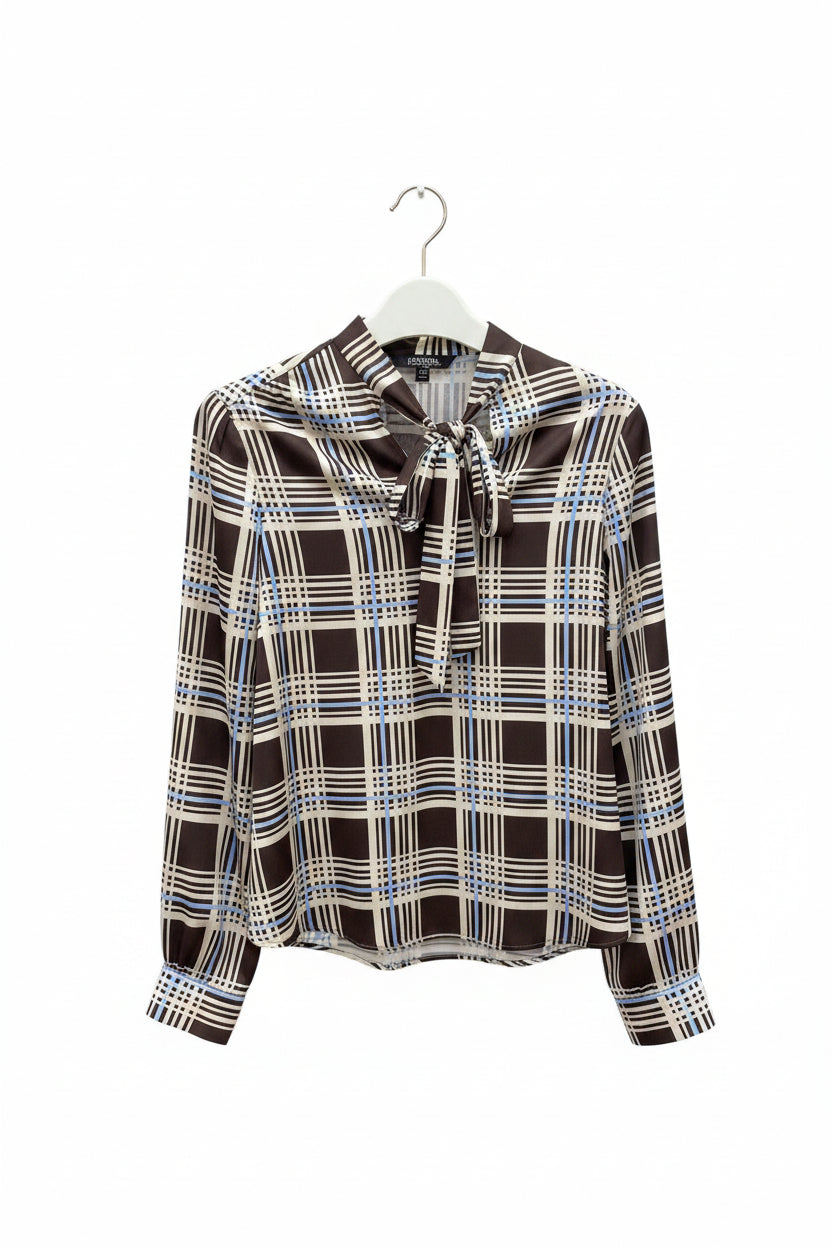 Plaid Tie Neck Blouse