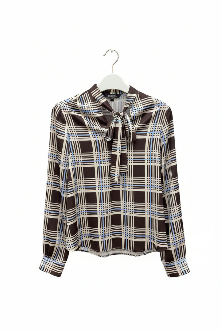 Plaid Tie Neck Blouse