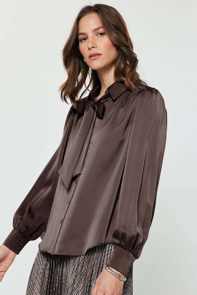 Satin Button Down Blouse w/ Tie