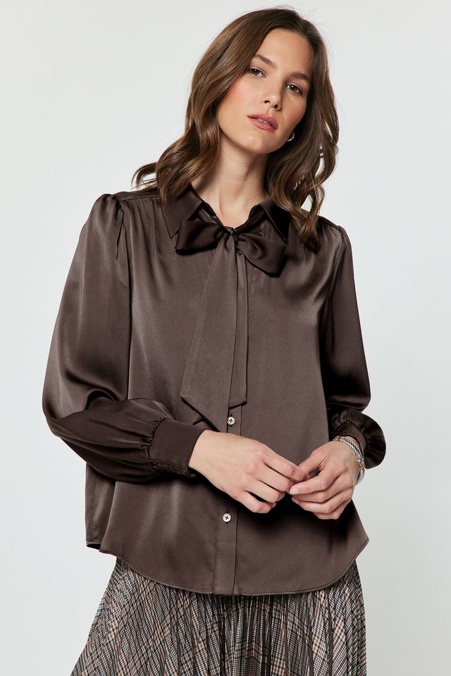 Satin Button Down Blouse w/ Tie