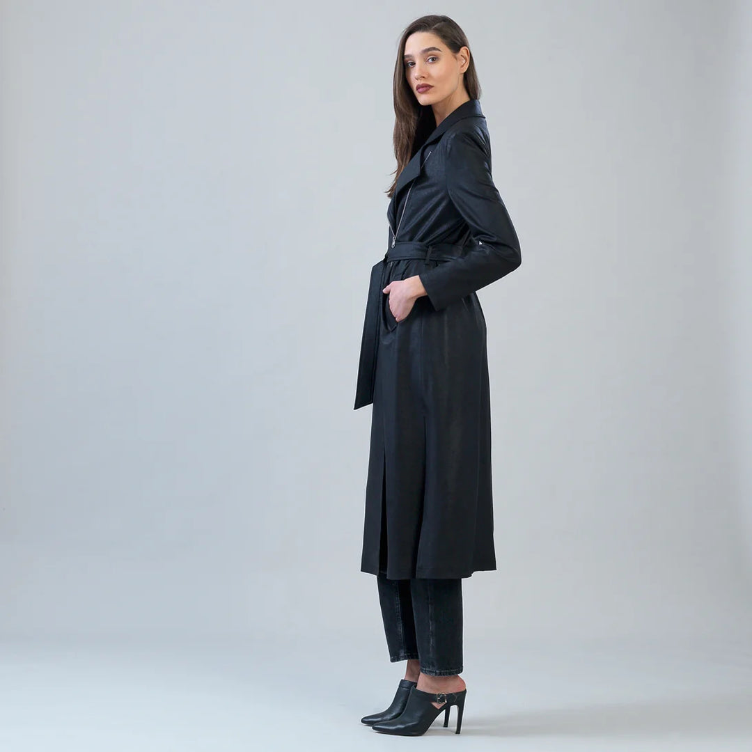 Liquid Leather™ Zip Front Trench Coat - Black