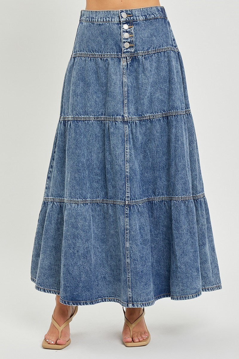 HR Ruffled Long Denim Skirt