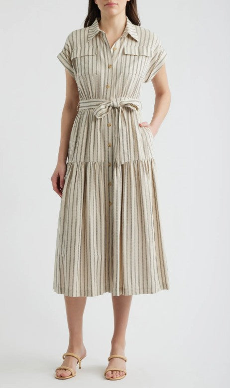 Stripe Belted Linen Midi Shirtdress