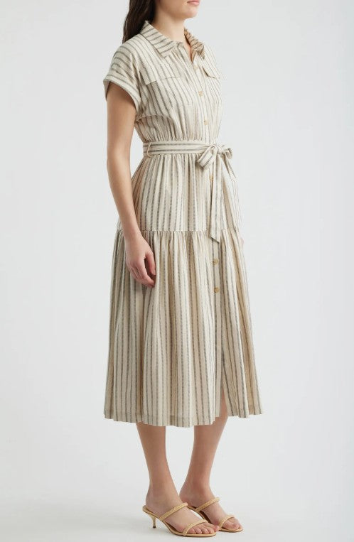 Stripe Belted Linen Midi Shirtdress