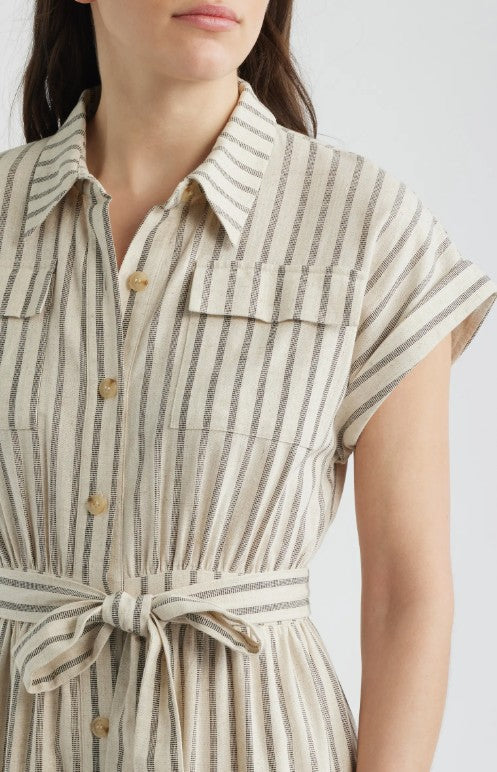 Stripe Belted Linen Midi Shirtdress