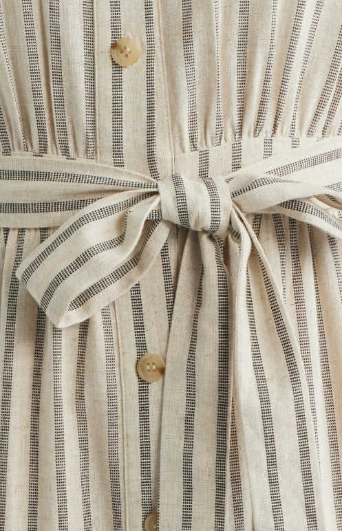 Stripe Belted Linen Midi Shirtdress