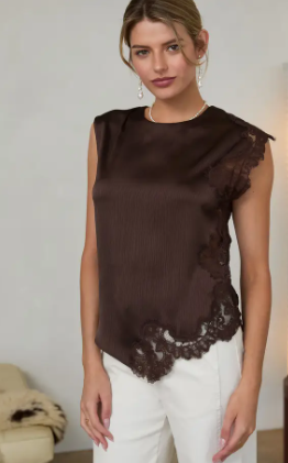 Sleeveless Mixed Lace Top - Brown