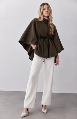 Funnel Neck Faux Leather Neck Cape - Olive