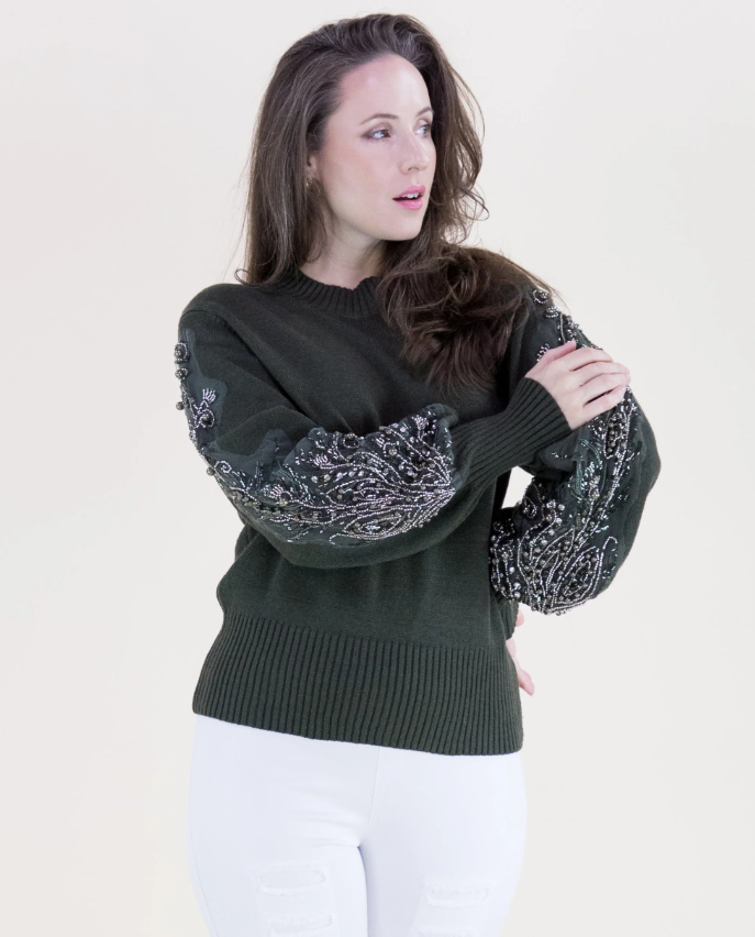 Beaded Floral Sleeve Mock Sweater