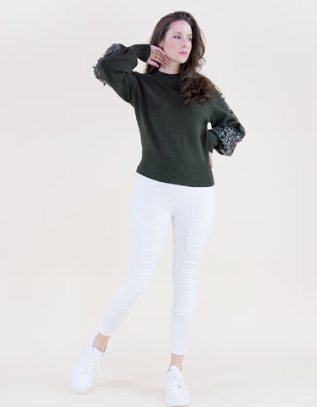 Beaded Floral Sleeve Mock Sweater