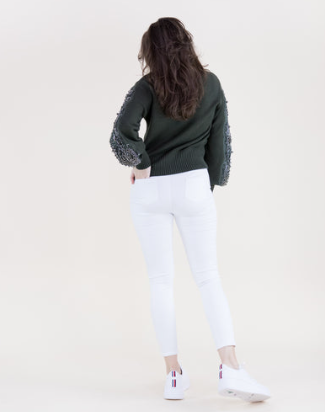 Beaded Floral Sleeve Mock Sweater