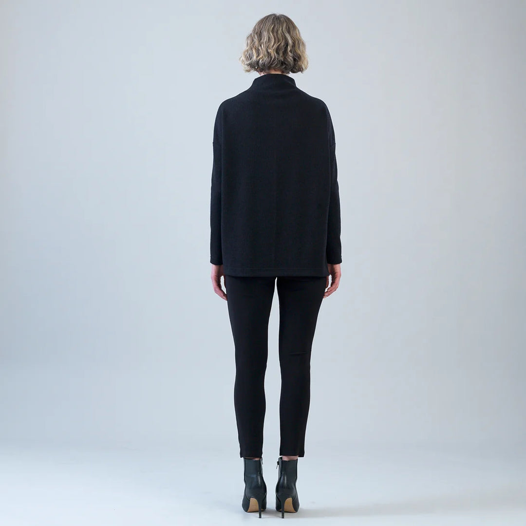 Ribbed Zipper Tunic Sweater - Black